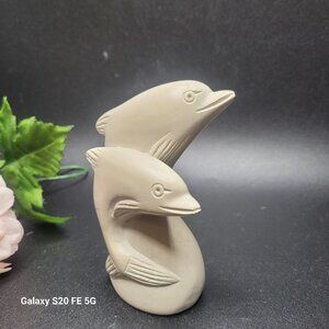 Kenya Soapstone Dolphins Hand Craved Figurine White Cream Natural Sculpture